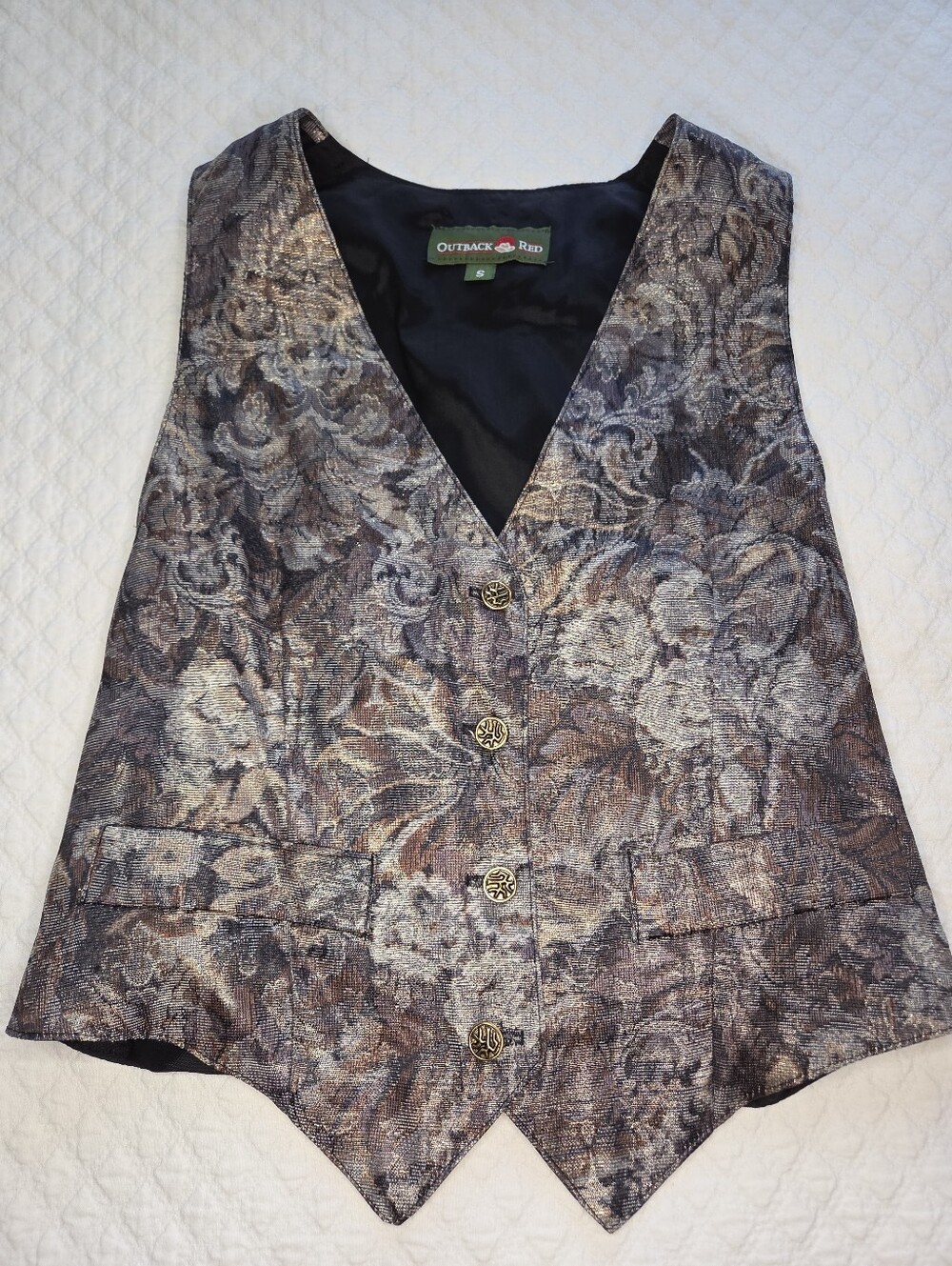 Outback Red Size Small Shimmery Floral Tapestry Vest Gold Sculpted Buttons